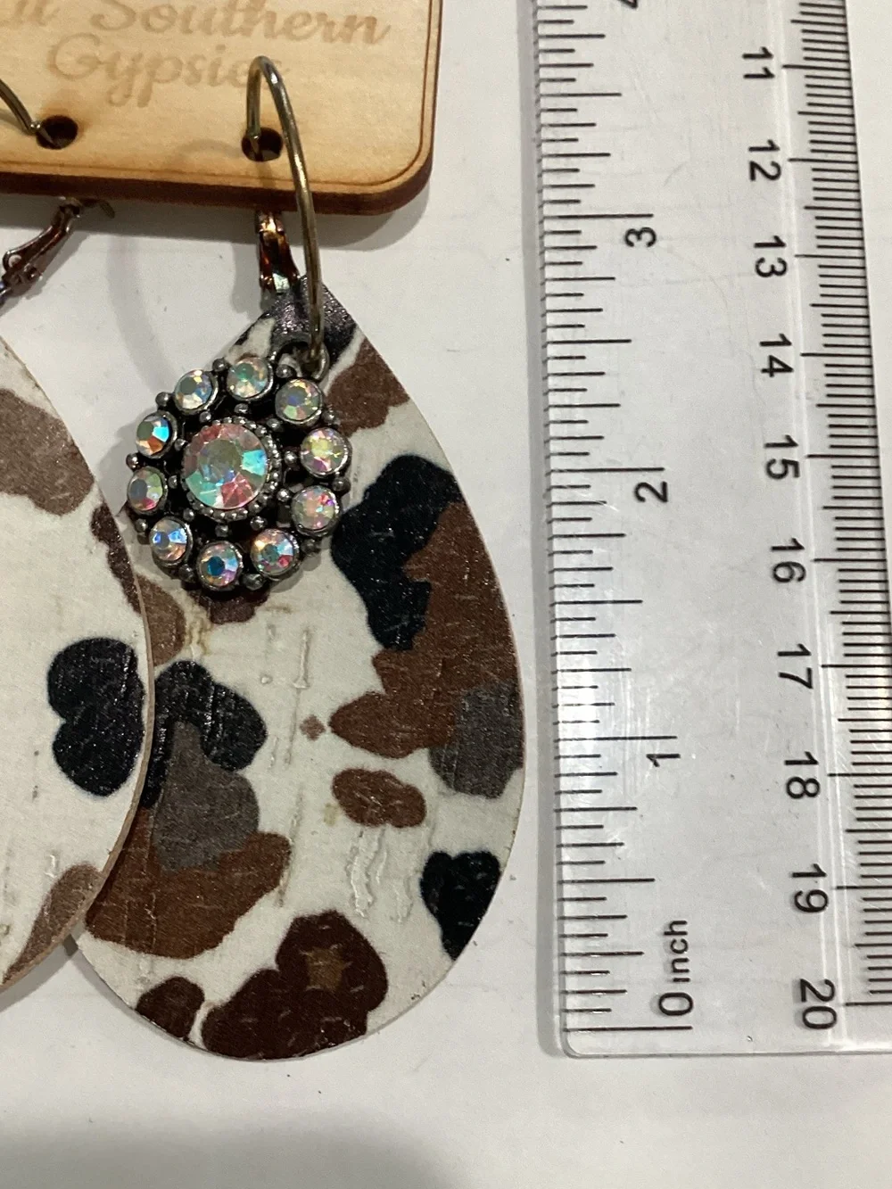 Brown Cowhide Teardrop Earrings with Crystal Accent
